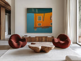 Reflections of Burano VII by Aledanda. Shown as extra-large giant wall art in a modern living room. Available as an archival giclee rolled canvas, fine art paper, or poster print. SKU 41600a.