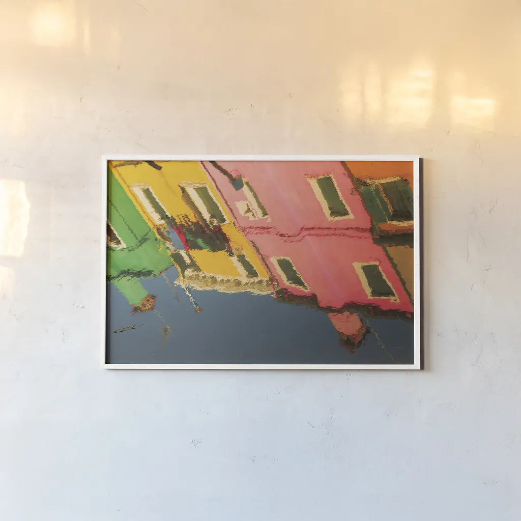 Reflections of Burano X by Aledanda. shown as a paper print in a white frame. Available as a archival giclee rolled canvas, fine art paper, or poster print. SKU 41603i.