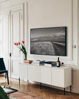 Road to the Beach by Aledanda. shown as a framed stretched canvas in a living room above a console. Available as a archival giclee rolled canvas, fine art paper, or poster print. SKU 64378i.
