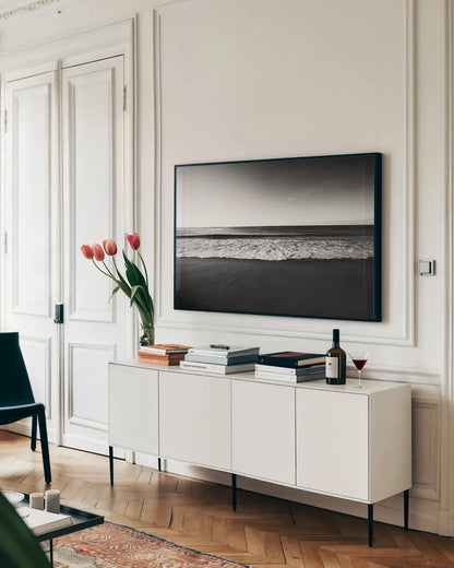 Seafoam Edge by Aledanda. shown as a framed stretched canvas in a living room above a console. Available as a archival giclee rolled canvas, fine art paper, or poster print. SKU 64379i.