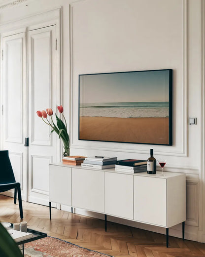 Seafoam Edge Color by Aledanda. shown as a framed stretched canvas in a living room above a console. Available as a archival giclee rolled canvas, fine art paper, or poster print. SKU 78131i.