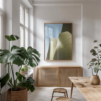 Skyscaper V Bright by Aledanda. shown as a print in a natural wood frame in a dining room. Available as a archival giclee rolled canvas, fine art paper, or poster print. SKU 80371h.