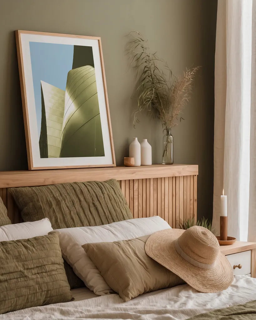 Skyscaper V Bright by Aledanda. shown as a paper print in a natural frame. Available as a archival giclee rolled canvas, fine art paper, or poster print. SKU 80371h.