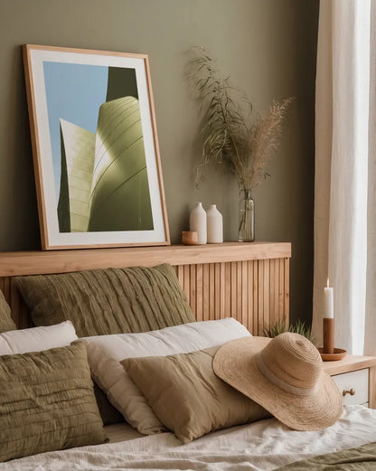 Skyscaper V Bright by Aledanda. shown as a paper print in a natural frame. Available as a archival giclee rolled canvas, fine art paper, or poster print. SKU 80371h.