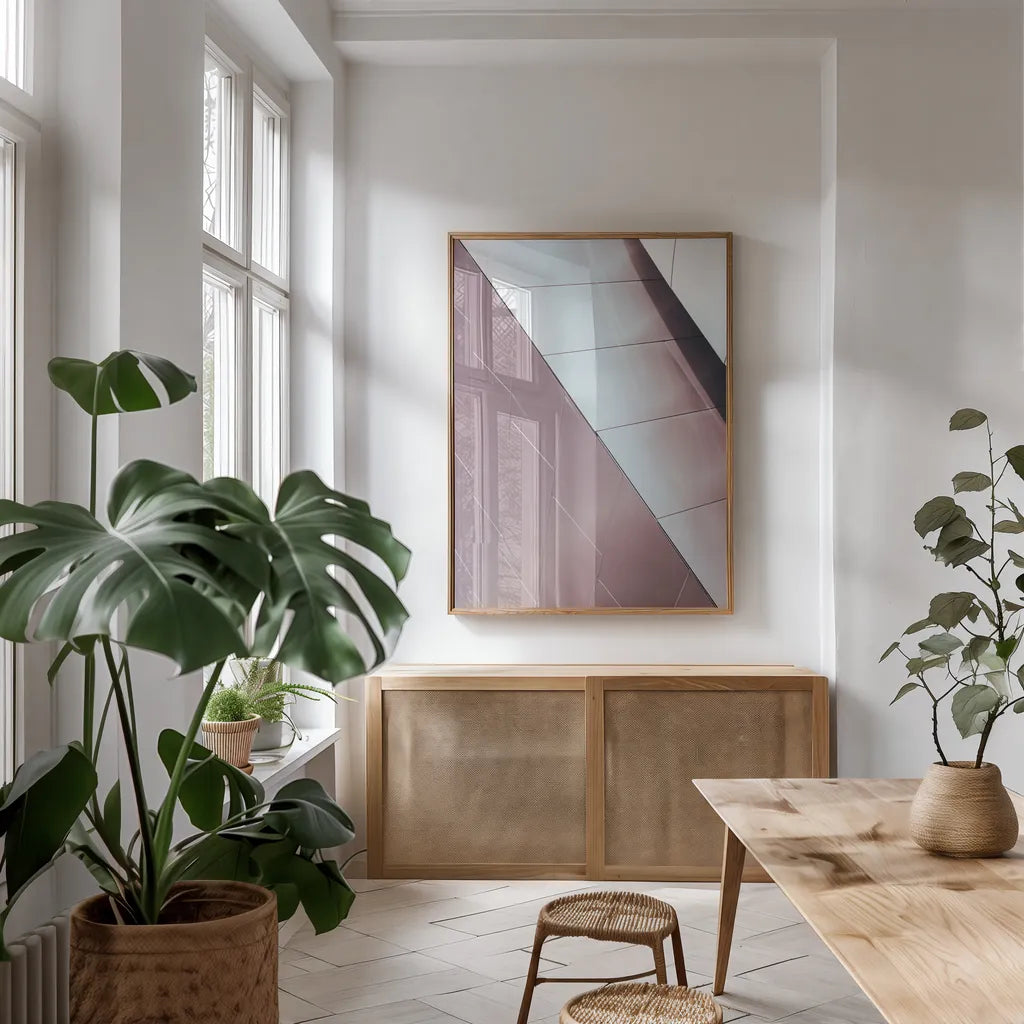Skyscaper VI Bright by Aledanda. shown as a print in a natural wood frame in a dining room. Available as a archival giclee rolled canvas, fine art paper, or poster print. SKU 80372h.
