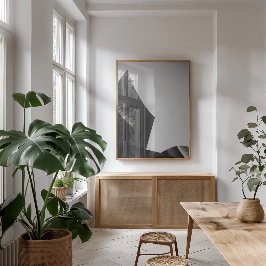 Skyscraper I by Aledanda. shown as a print in a natural wood frame in a dining room. Available as a archival giclee rolled canvas, fine art paper, or poster print. SKU 53641h.