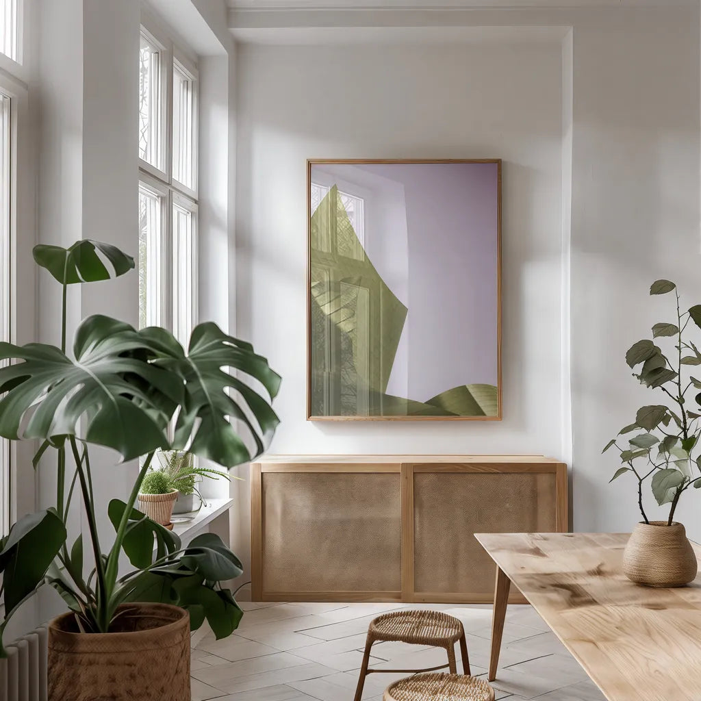 Skyscraper I Bright by Aledanda. shown as a print in a natural wood frame in a dining room. Available as a archival giclee rolled canvas, fine art paper, or poster print. SKU 80368h.