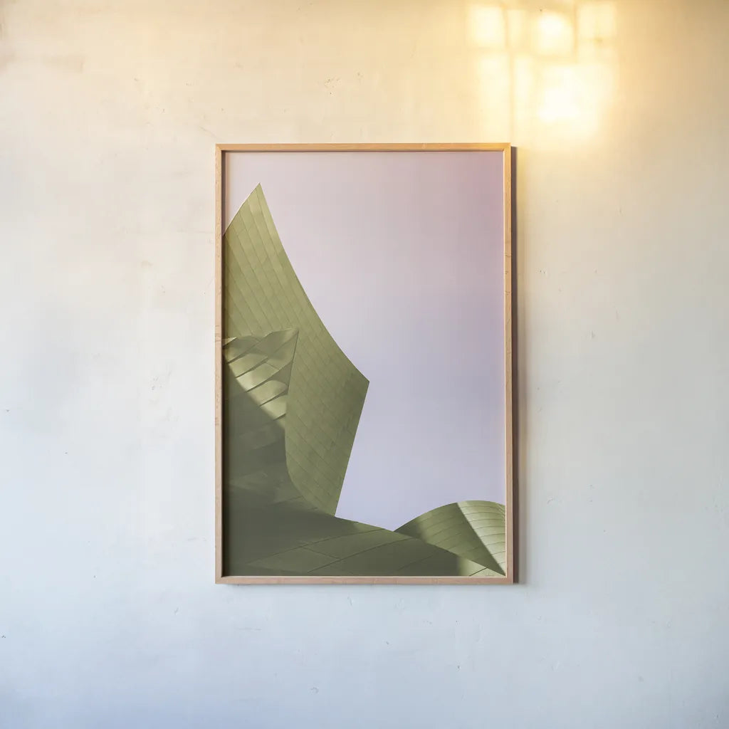 Skyscraper I Bright by Aledanda. shown as a paper print in a natural frame. Available as a archival giclee rolled canvas, fine art paper, or poster print. SKU 80368h.