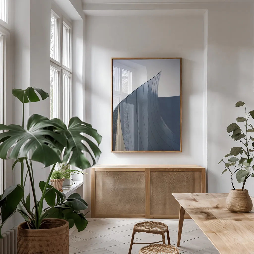Skyscraper II by Aledanda. shown as a print in a natural wood frame in a dining room. Available as a archival giclee rolled canvas, fine art paper, or poster print. SKU 53642h.