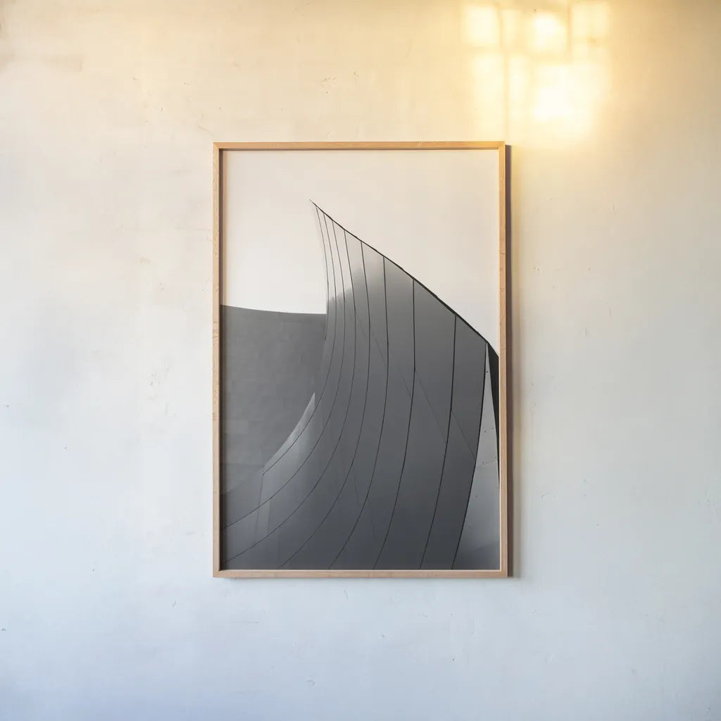 Skyscraper II BW Flipped by Aledanda. shown as a paper print in a natural frame. Available as a archival giclee rolled canvas, fine art paper, or poster print. SKU 57208h.