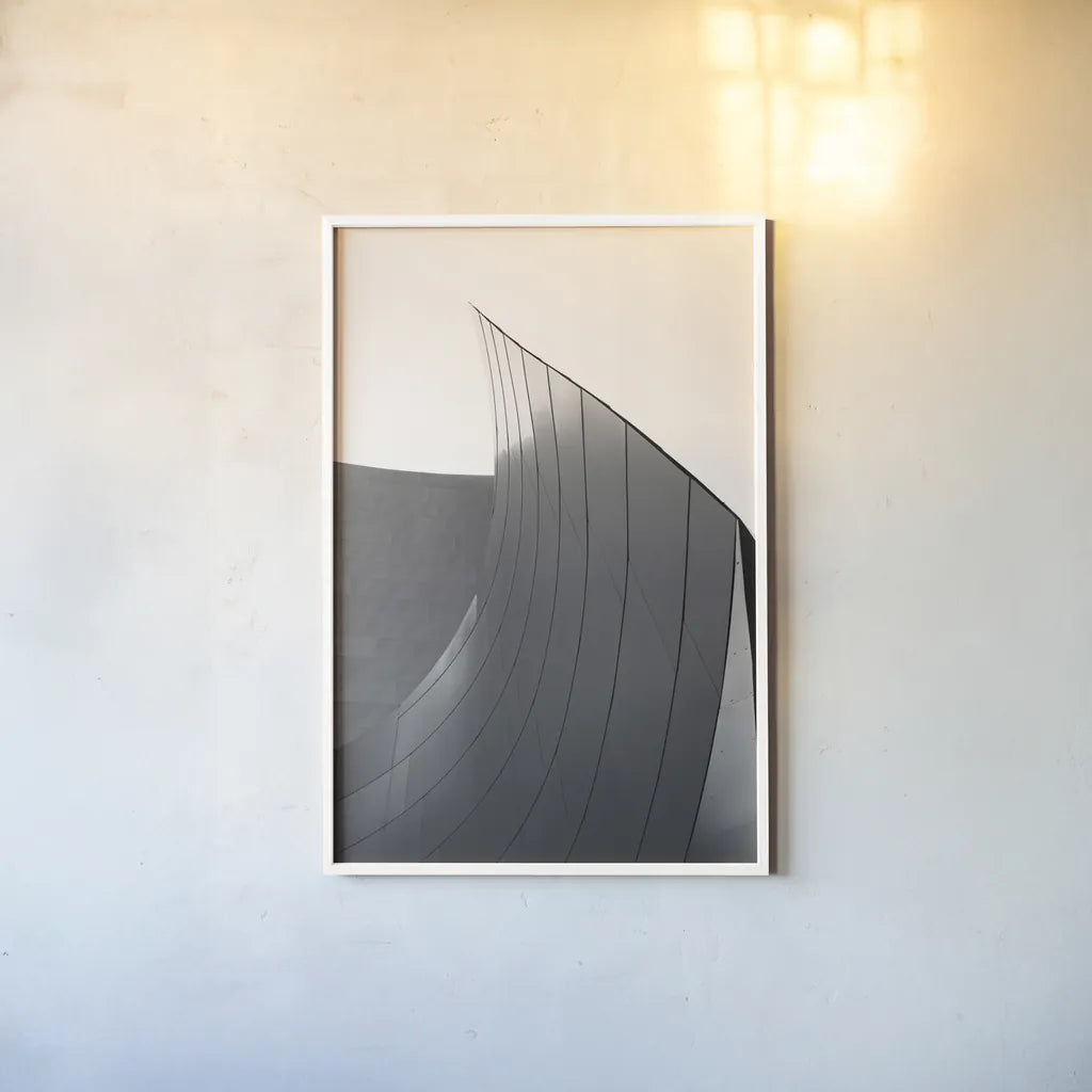 Skyscraper II BW Flipped by Aledanda. shown as a paper print in a white frame. Available as a archival giclee rolled canvas, fine art paper, or poster print. SKU 57208h.