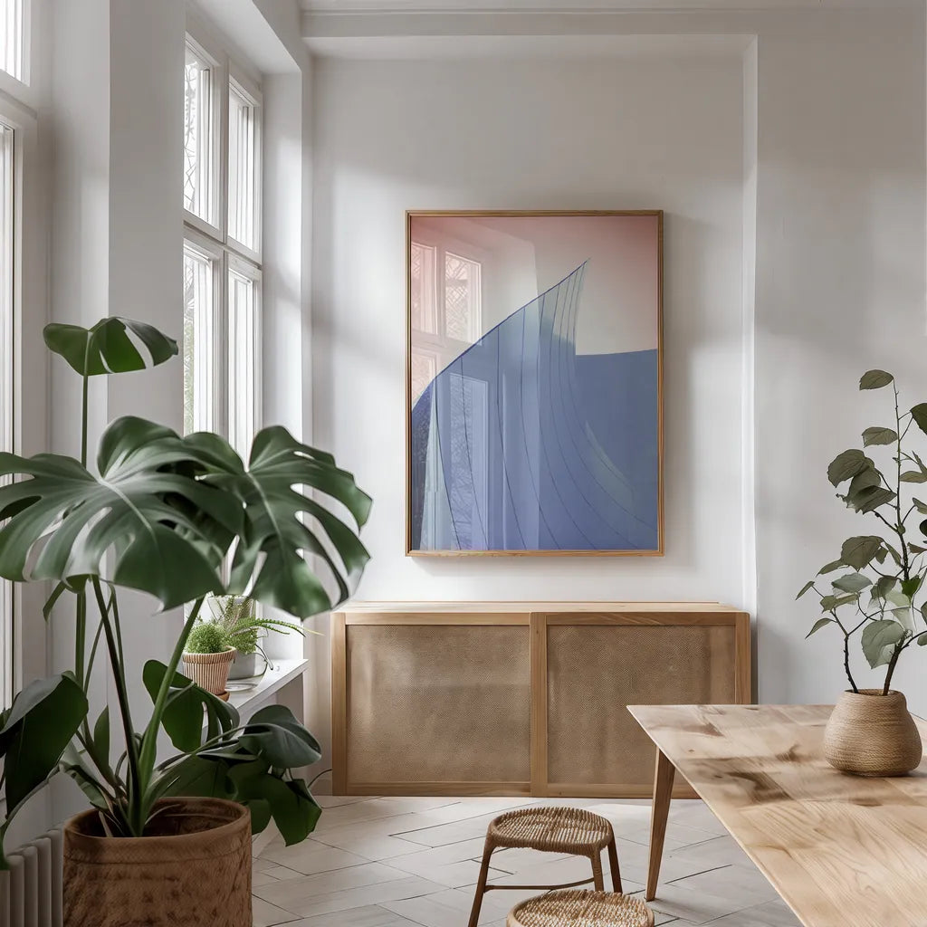 Skyscraper II Spring by Aledanda. shown as a print in a natural wood frame in a dining room. Available as a archival giclee rolled canvas, fine art paper, or poster print. SKU 54451h.