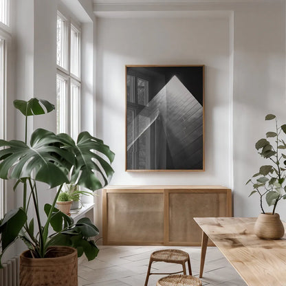 Skyscraper III by Aledanda. shown as a print in a natural wood frame in a dining room. Available as a archival giclee rolled canvas, fine art paper, or poster print. SKU 53643h.