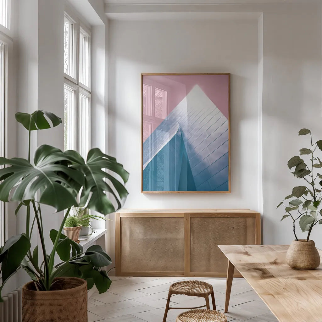 Skyscraper III Bright by Aledanda. shown as a print in a natural wood frame in a dining room. Available as a archival giclee rolled canvas, fine art paper, or poster print. SKU 80369h.