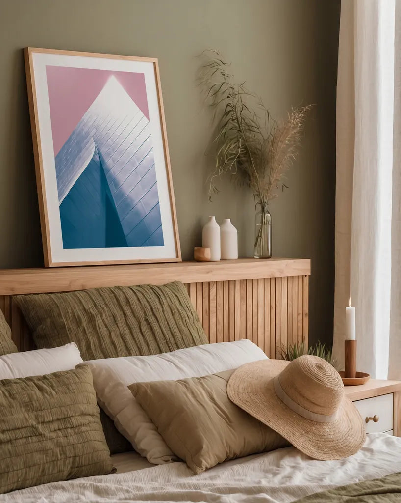 Skyscraper III Bright by Aledanda. shown as a paper print in a natural frame. Available as a archival giclee rolled canvas, fine art paper, or poster print. SKU 80369h.