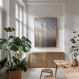 Skyscraper IV by Aledanda. shown as a print in a natural wood frame in a dining room. Available as a archival giclee rolled canvas, fine art paper, or poster print. SKU 53644h.