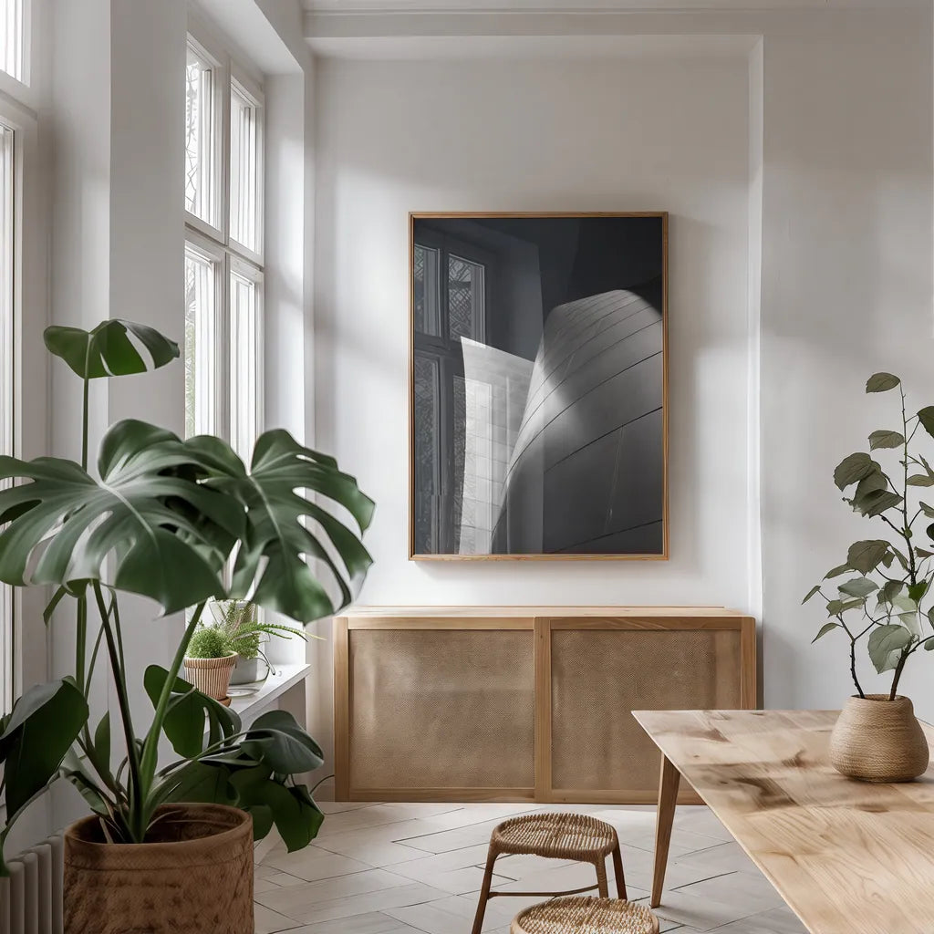 Skyscraper V by Aledanda. shown as a print in a natural wood frame in a dining room. Available as a archival giclee rolled canvas, fine art paper, or poster print. SKU 53645h.