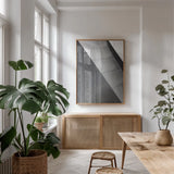 Skyscraper VI by Aledanda. shown as a print in a natural wood frame in a dining room. Available as a archival giclee rolled canvas, fine art paper, or poster print. SKU 53646h.