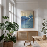 Skyscraper VII Spring by Aledanda. shown as a print in a natural wood frame in a dining room. Available as a archival giclee rolled canvas, fine art paper, or poster print. SKU 54452h.