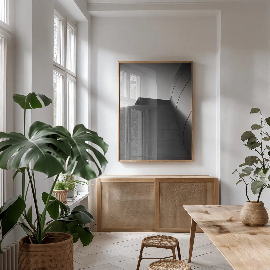 Skyscraper VIII by Aledanda. shown as a print in a natural wood frame in a dining room. Available as a archival giclee rolled canvas, fine art paper, or poster print. SKU 53648h.