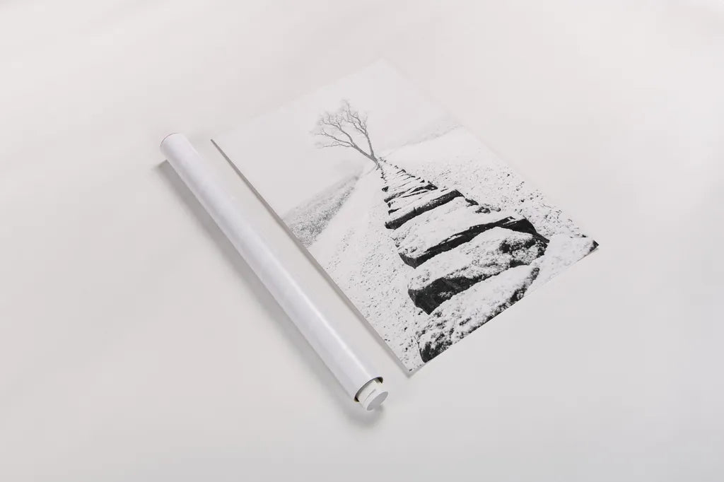 Snowy Stone Wall by Aledanda. shown as a rolled paper print. Available as archival giclee rolled canvas, fine art paper, or poster print. SKU 64380h.