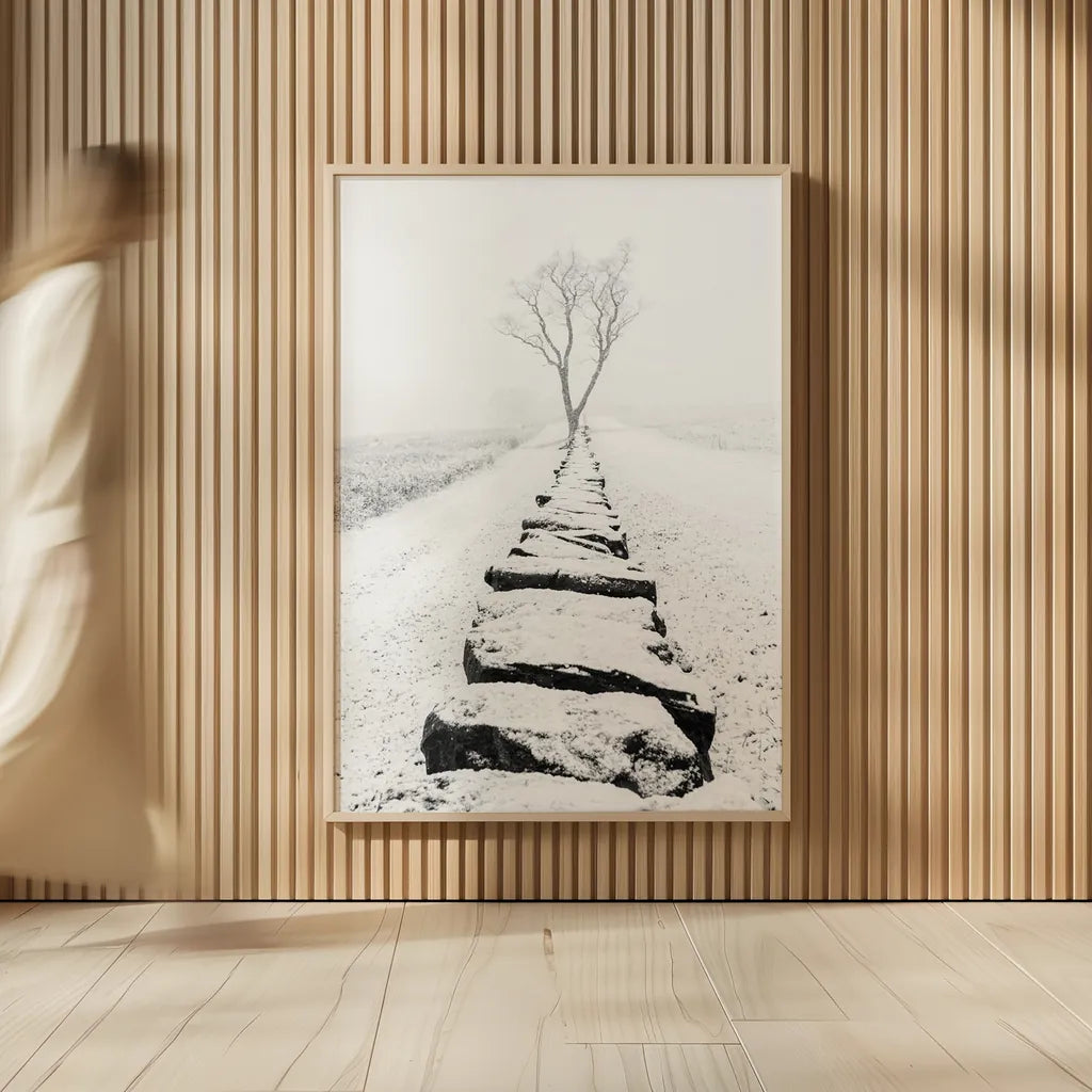 Snowy Stone Wall by Aledanda. shown as over sized large wall art. Available as an archival giclee rolled canvas, fine art paper, or poster print. SKU 64380h.