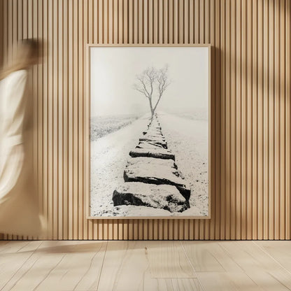 Snowy Stone Wall by Aledanda. shown as over sized large wall art. Available as an archival giclee rolled canvas, fine art paper, or poster print. SKU 64380h.