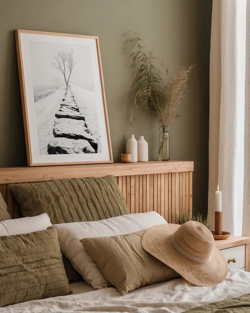 Snowy Stone Wall by Aledanda. shown as a paper print in a natural frame. Available as a archival giclee rolled canvas, fine art paper, or poster print. SKU 64380h.