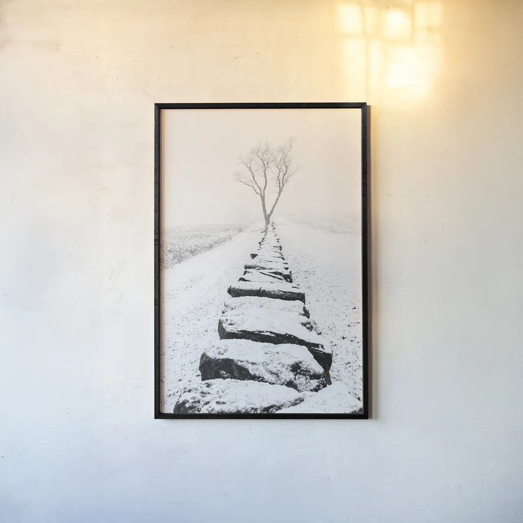 Snowy Stone Wall by Aledanda. shown as a paper print in a black flame. Available as a archival giclee rolled canvas, fine art paper, or poster print. SKU 64380h.