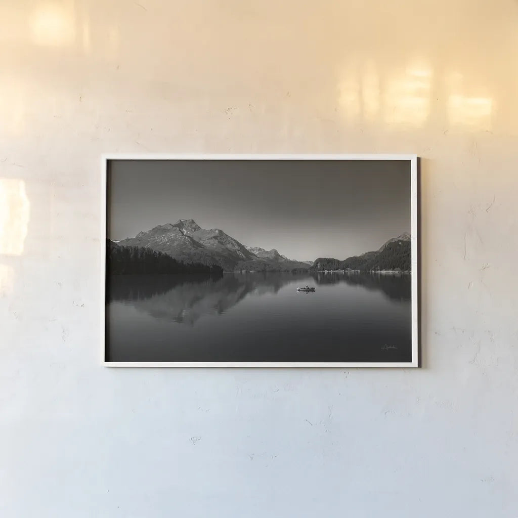 Solo Fishing by Aledanda. shown as a paper print in a white frame. Available as a archival giclee rolled canvas, fine art paper, or poster print. SKU 75862i.