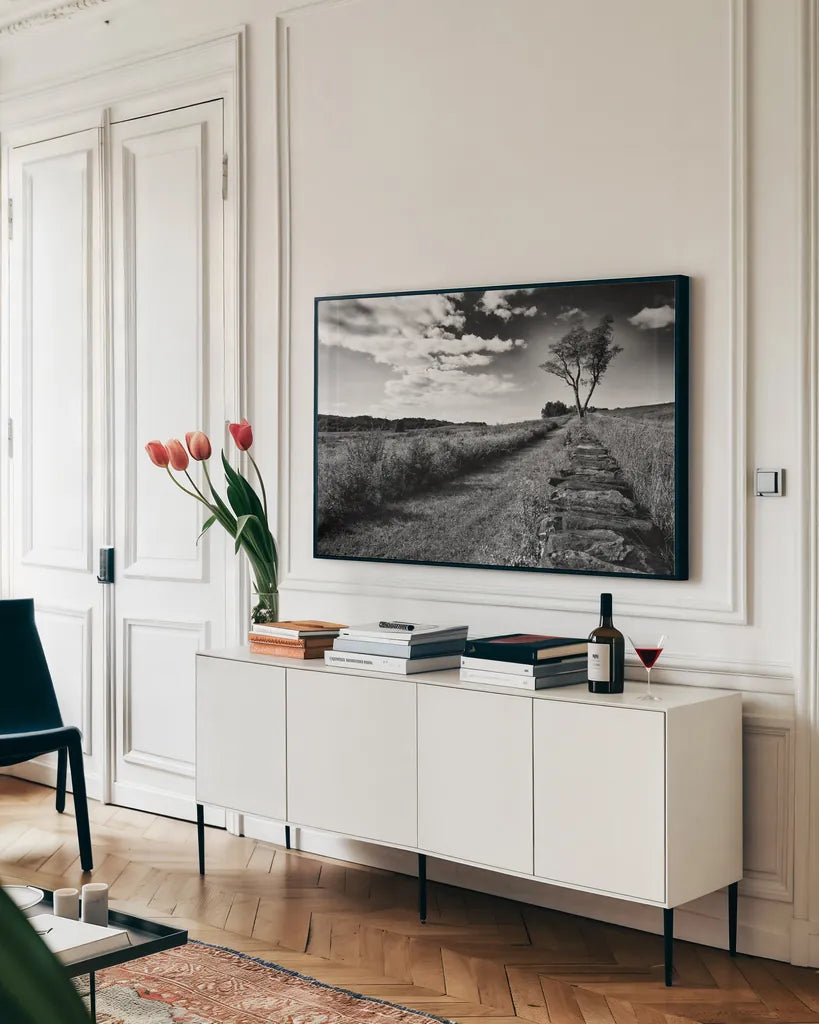 Stone Wall by Aledanda. shown as a framed stretched canvas in a living room above a console. Available as a archival giclee rolled canvas, fine art paper, or poster print. SKU 53590i.