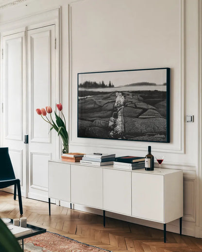 Stony Shore by Aledanda. shown as a framed stretched canvas in a living room above a console. Available as a archival giclee rolled canvas, fine art paper, or poster print. SKU 75863i.