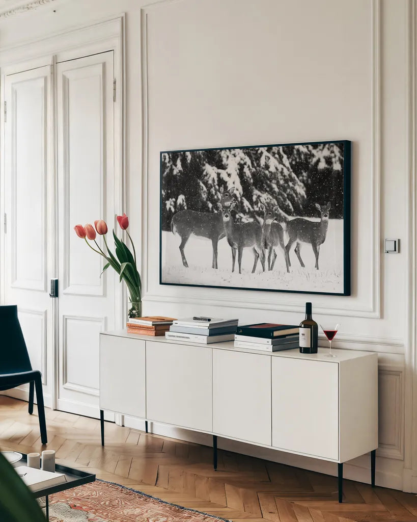 The Herd by Aledanda. shown as a framed stretched canvas in a living room above a console. Available as a archival giclee rolled canvas, fine art paper, or poster print. SKU 53594i.