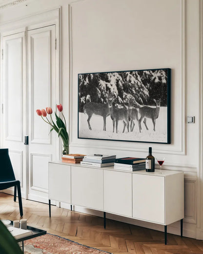 The Herd by Aledanda. shown as a framed stretched canvas in a living room above a console. Available as a archival giclee rolled canvas, fine art paper, or poster print. SKU 53594i.
