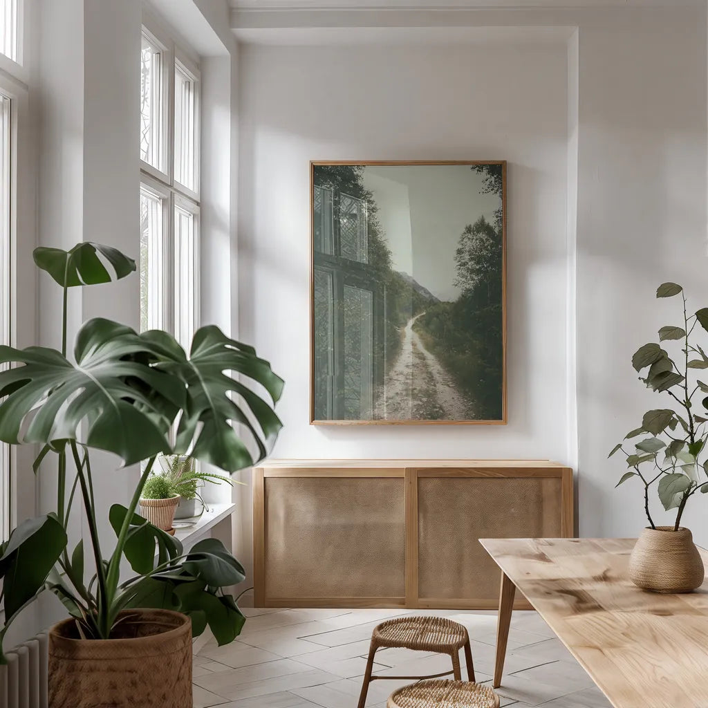 The Path We Followed by Aledanda. shown as a print in a natural wood frame in a dining room. Available as a archival giclee rolled canvas, fine art paper, or poster print. SKU 63233h.