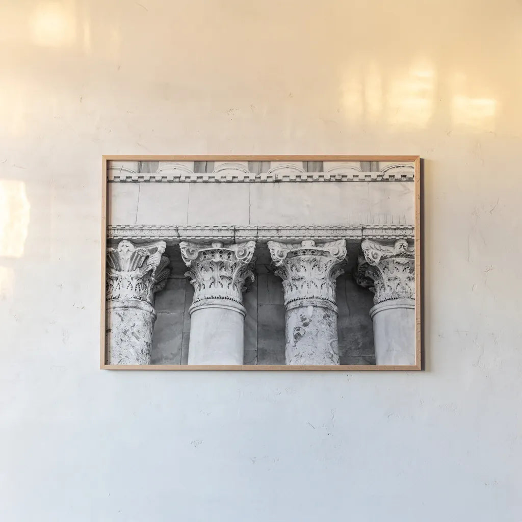 The Pillars by Aledanda. shown as a paper print in a natural frame. Available as a archival giclee rolled canvas, fine art paper, or poster print. SKU 58394i.