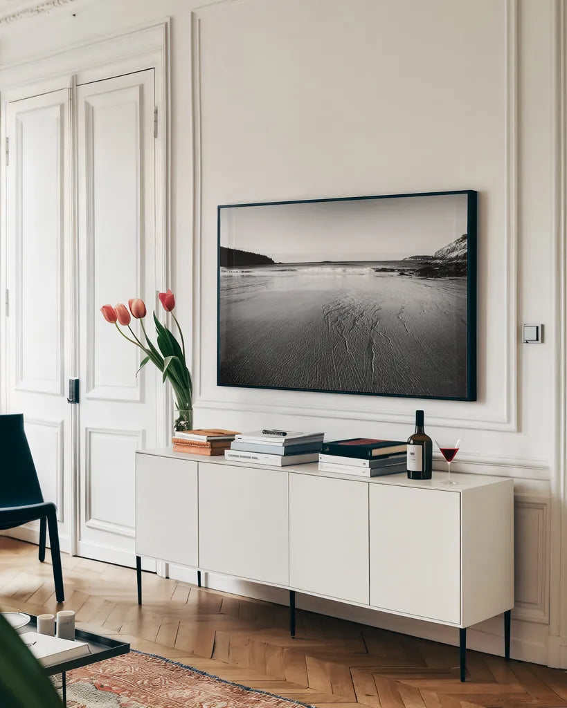 Tide Going Out by Aledanda. shown as a framed stretched canvas in a living room above a console. Available as a archival giclee rolled canvas, fine art paper, or poster print. SKU 64382i.