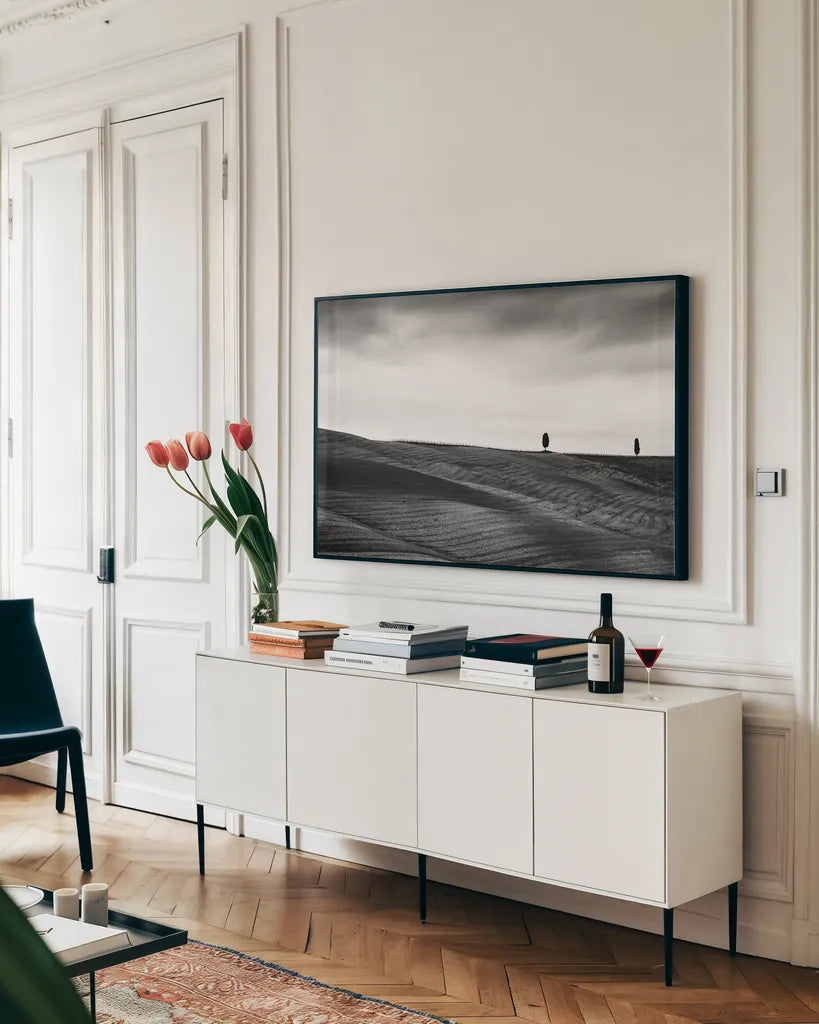 To the Horizon by Aledanda. shown as a framed stretched canvas in a living room above a console. Available as a archival giclee rolled canvas, fine art paper, or poster print. SKU 71240i.