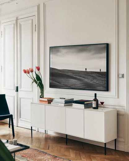 To the Horizon by Aledanda. shown as a framed stretched canvas in a living room above a console. Available as a archival giclee rolled canvas, fine art paper, or poster print. SKU 71240i.