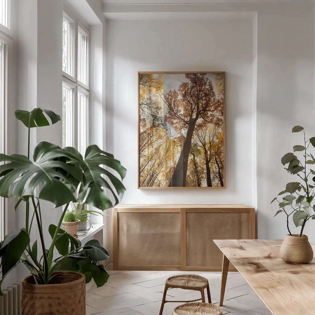 Towering Trees I by Aledanda. shown as a print in a natural wood frame in a dining room. Available as a archival giclee rolled canvas, fine art paper, or poster print. SKU 53649h.
