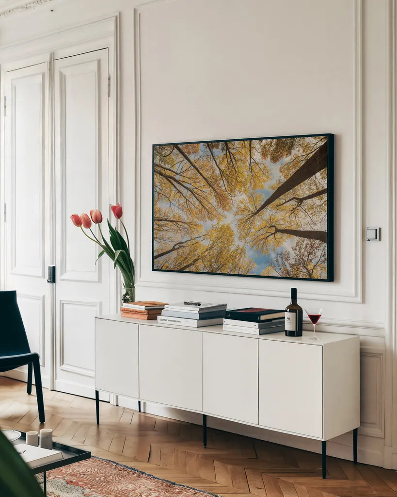 Towering Trees III by Aledanda. shown as a framed stretched canvas in a living room above a console. Available as a archival giclee rolled canvas, fine art paper, or poster print. SKU 53651i.
