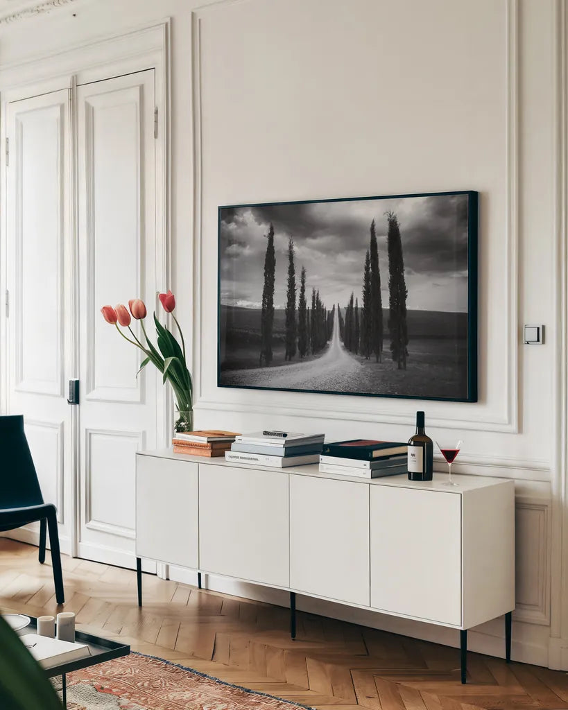 Travelling in Tuscany by Aledanda. shown as a framed stretched canvas in a living room above a console. Available as a archival giclee rolled canvas, fine art paper, or poster print. SKU 58397i.