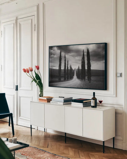 Travelling in Tuscany by Aledanda. shown as a framed stretched canvas in a living room above a console. Available as a archival giclee rolled canvas, fine art paper, or poster print. SKU 58397i.