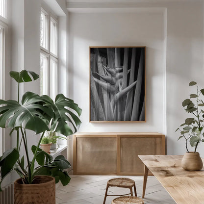 Tropical I by Aledanda. shown as a print in a natural wood frame in a dining room. Available as a archival giclee rolled canvas, fine art paper, or poster print. SKU 55240h.