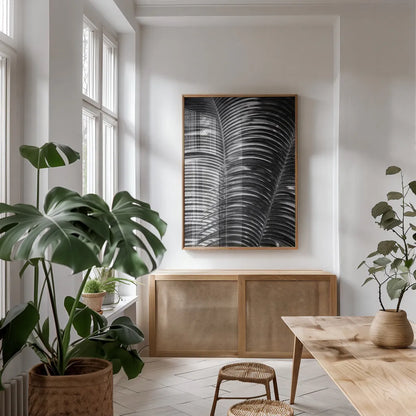 Tropical III by Aledanda. shown as a print in a natural wood frame in a dining room. Available as a archival giclee rolled canvas, fine art paper, or poster print. SKU 55242h.