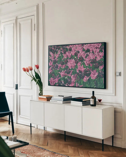 Tulip Botanical by Aledanda. shown as a framed stretched canvas in a living room above a console. Available as a archival giclee rolled canvas, fine art paper, or poster print. SKU 63219i.