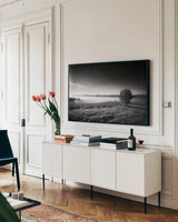 Valley Fog by Aledanda. shown as a framed stretched canvas in a living room above a console. Available as a archival giclee rolled canvas, fine art paper, or poster print. SKU 71241i.