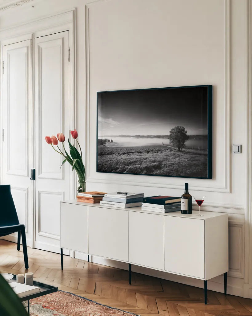 Valley Fog by Aledanda. shown as a framed stretched canvas in a living room above a console. Available as a archival giclee rolled canvas, fine art paper, or poster print. SKU 71241i.