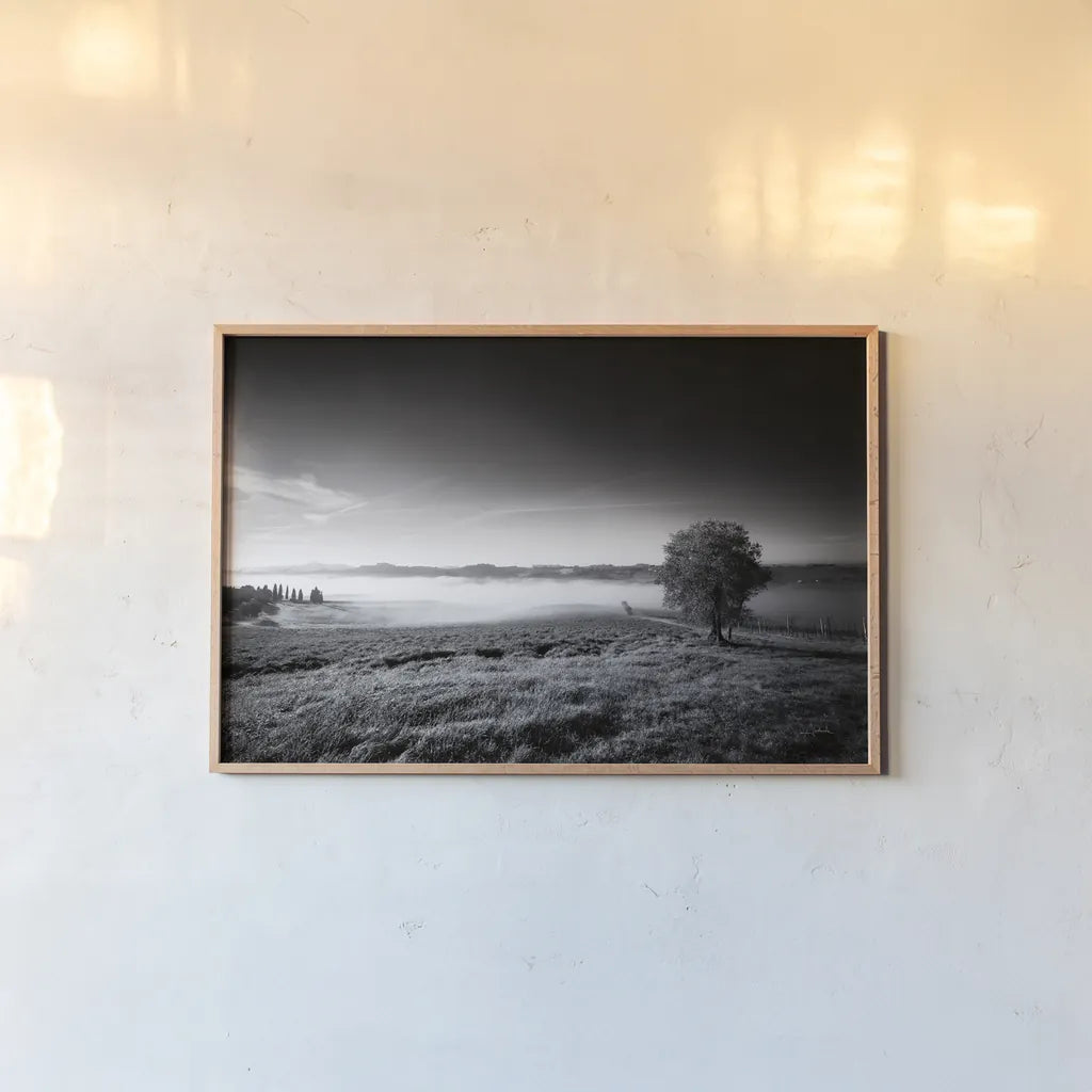 Valley Fog by Aledanda. shown as a paper print in a natural frame. Available as a archival giclee rolled canvas, fine art paper, or poster print. SKU 71241i.