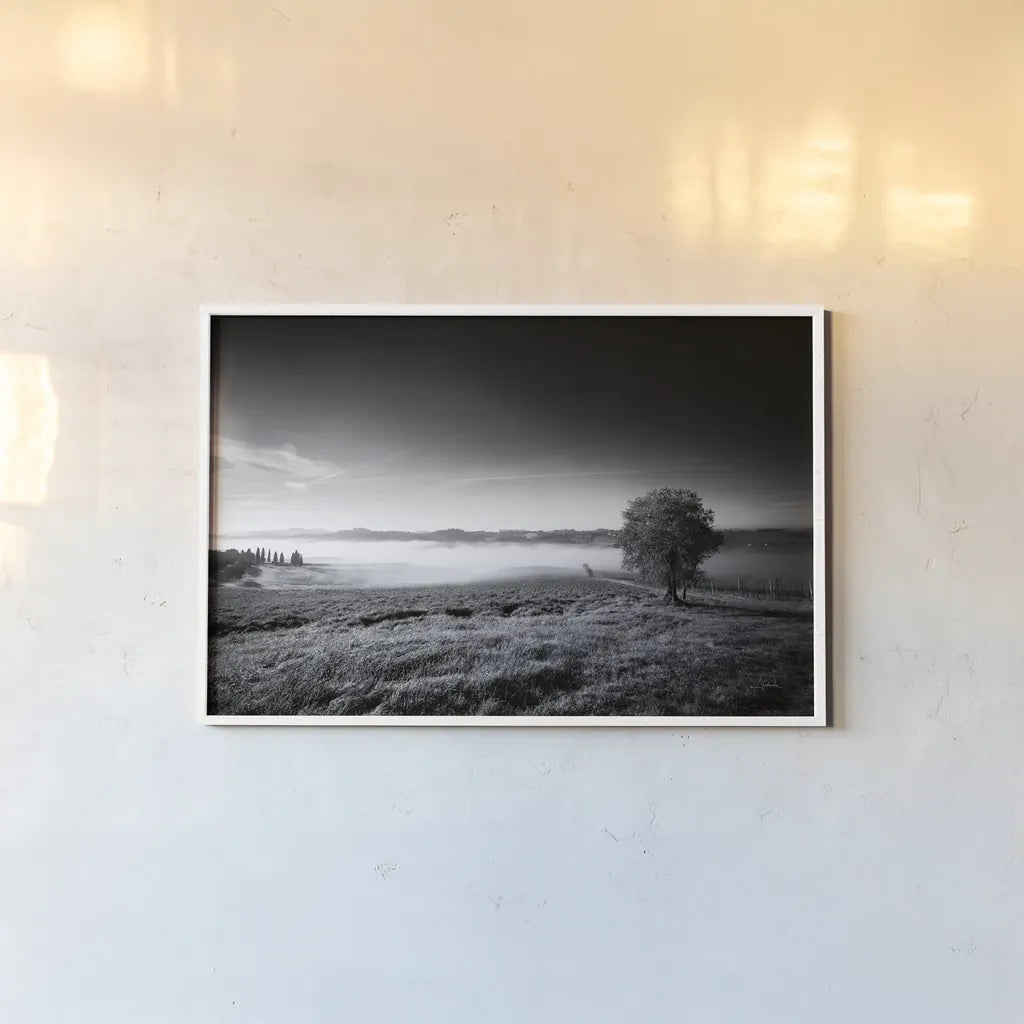 Valley Fog by Aledanda. shown as a paper print in a white frame. Available as a archival giclee rolled canvas, fine art paper, or poster print. SKU 71241i.